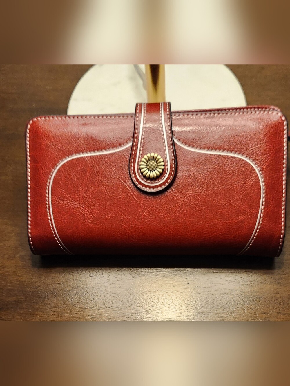 Women's Red  Wallet with Floral Button Closure